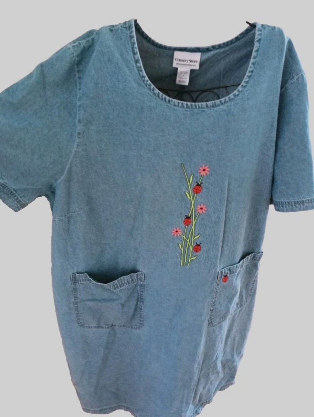 Vintage Country Store Denim Dress Short Sleeve Lady Bugs Embroidered Pockets 3XL - Picture 8 of 11